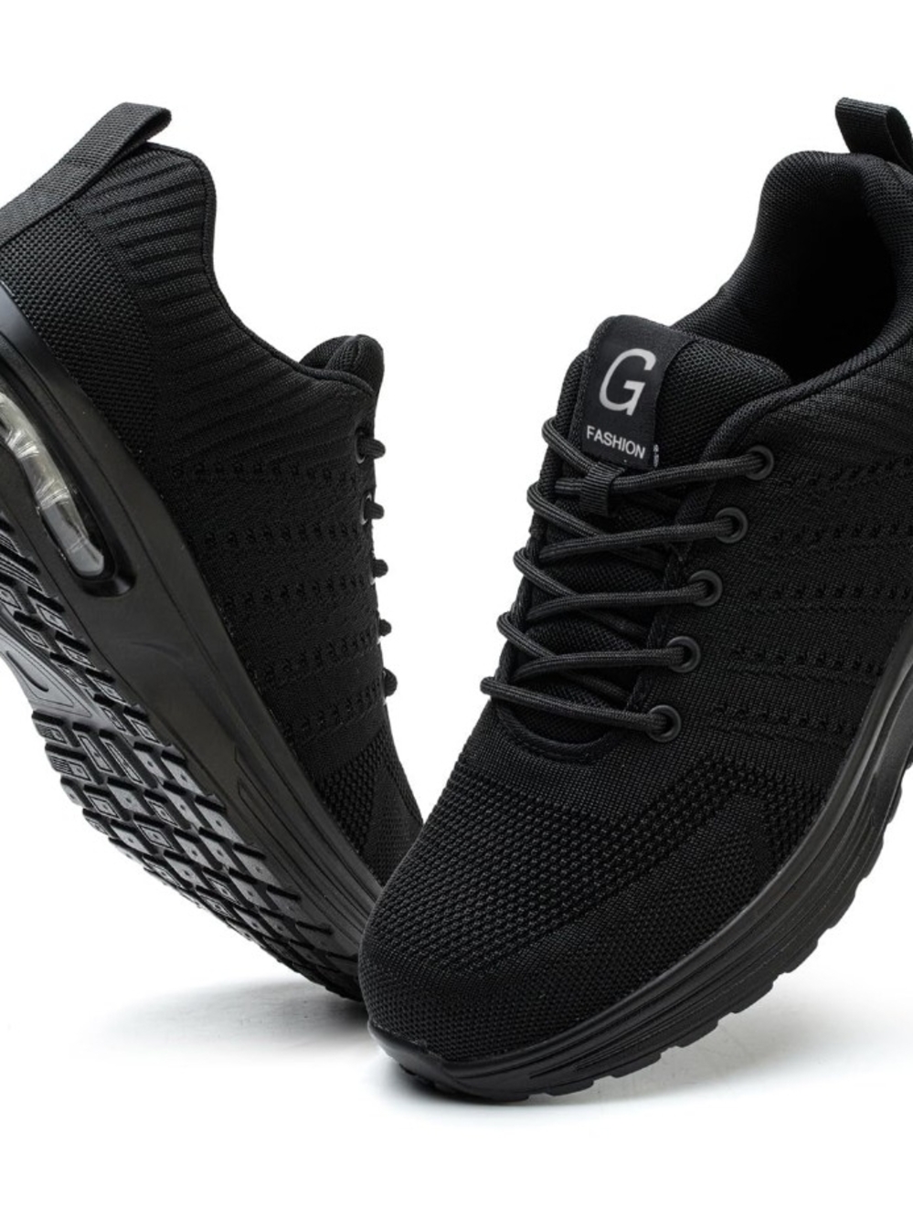 G Fashion Black Knit Air-Cushion Sneakers Steel Toe/Puncture/Slip resistant